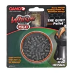 GAMO WHISPER PELLET 22CAL 100CT front view of black and green blister pack with visible pellet tin