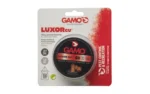 GAMO LUXOR CU PYRAMID 177CAL 150CT front view of red and white blister pack with black pellet tin
