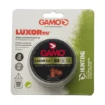 GAMO LUXOR CU PYRAMID 22CAL 100CT front view of green and white blister pack with black pellet tin