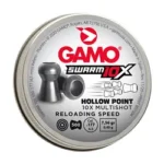 Gamo Swarm 10X Hollow Point round pellet tin, top view with silver lid and red logo
