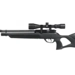 Gamo Urbana PCP black air rifle with scope, moderator and thumbhole stock, right side view