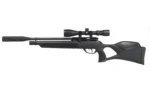 Gamo Urbana PCP black air rifle with scope, moderator and thumbhole stock, right side view