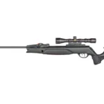 Gamo Swarm Magnum Pro Gen3i black air rifle with scope, moderator and thumbhole stock, side view