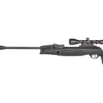Gamo Swarm Magnum Pro Gen3i black air rifle with scope, moderator and thumbhole stock, side view