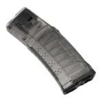 MAG STRIKE AR-15 5.56 32RD SMOKE translucent smoke angled view with curved body and black baseplate