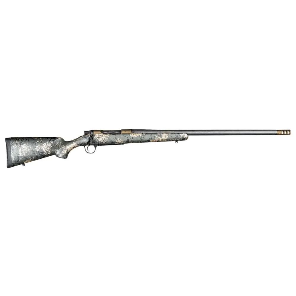 primary-1382 Christensen Arms Ridgeline FFT Rifle, right-side view with dark patterned stock and bronze barrel