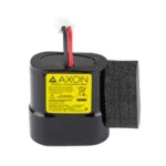 TASER Pulse Series Battery Pack, black battery pack with red and black wires and yellow label