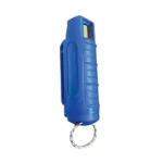 PS Products Eliminator pepper spray in blue, front view with pocket clip and key ring
