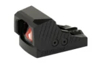 Shield Sights RMSW black reflex sight, angled front view with red-tinted lens and side controls