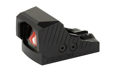 Shield Sights RMSW black reflex sight, angled front view with red-tinted lens and side controls