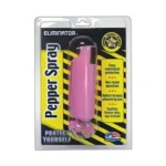 PS Products PS ELIMINATOR pink pepper spray canister in black retail packaging, front view