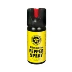PS Products Eliminator pepper spray, front view of yellow canister with black twist lock