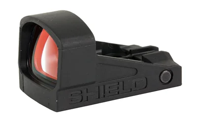 Shield Sights SHLDS SMSC GLASS ED MINI SIGHT 4MOA black angled front view with red-tinted lens