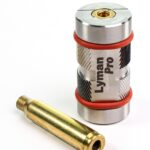 Lyman Pro Stainless Headspace Gauge 308 Win, upright silver gauge with red bands and brass case