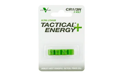 primary-14173 VIRIDIAN 1/3N LITHIUM BATTERY 4PK retail blister pack, front view with green batteries