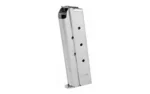 MAG ED BROWN 10MM 8RD STS silver magazine, front three-quarter view with witness holes