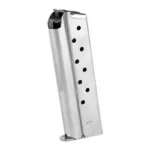 MAG ED BROWN 38SUP 9RD STS silver magazine, front three-quarter view with witness holes