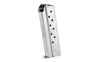 primary-14182 MAG ED BROWN 38SUP 9RD STS silver magazine, front three-quarter view with witness holes