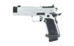 Sig Saur P211 Quicksilver silver and black handgun, right-side view with compensator