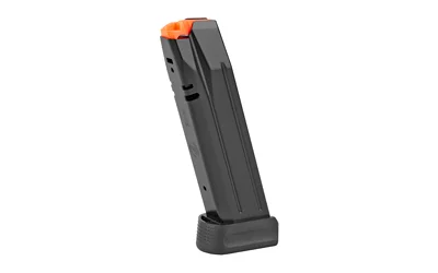 CZ P-10F P09 magazine, angled front view in black with orange follower and extended base