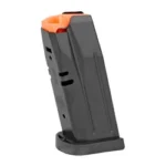 CZ P-10S magazine, angled front view in black with orange follower and flared base plate
