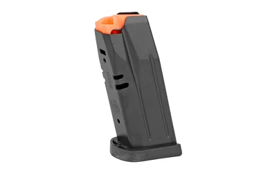CZ P-10S magazine, angled front view in black with orange follower and flared base plate