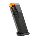 CZ P-10 F magazine, angled front view in black with orange follower and black base plate