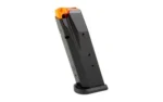 CZ P-10 F magazine, angled front view in black with orange follower and black base plate