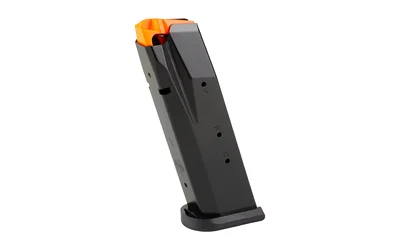 CZ P-10 F magazine, angled front view in black with orange follower and black base plate