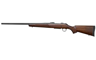 CZ CZ 600 ST3 American rifle with brown wood stock and black barrel, right-side view