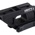 UNITY FAST COMP black optic mount, angled side view with top rail slots and white branding