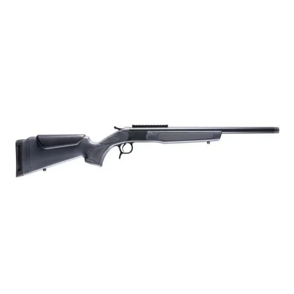 CVA Scout single shot rifle, right-side view with grey stock, blued barrel and top rail