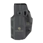 Crucial Ambi Covert IWB FN Reflex black holster, front view with belt clip and mounting screws