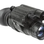 AGM PVS 14 black night vision monocular, angled view with eyecup and blue-tinted front lens