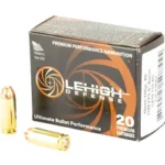 LEHIGH XTRM DFNS ammunition box with two brass cartridges, angled front view