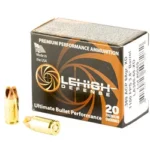 Lehigh XTRM DFNS .380ACP ammunition box with two brass cartridges, front view