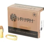 Lehigh XTRM DFNS .40S&W ammunition box with two brass cartridges, front view