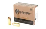 Lehigh XTRM DFNS .40S&W ammunition box with two brass cartridges, front view