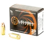 Lehigh XTRM DFNS .45ACP ammunition box with two brass cartridges, front view