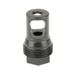 KGM TAPER MB black muzzle brake, angled front view, with side ports and threaded base