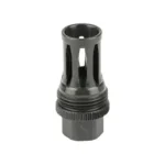 KGM Quick Detach Flash Hider, black front-angled view with open prongs and grooved base
