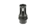 KGM Quick Detach Flash Hider, black front-angled view with open prongs and grooved base
