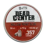JTS DCP .357 HP round red, white and black ammunition tin, top view