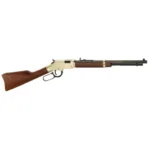 HENRY H4 GOLDEN BOY COMPT rifle, right-side view with gold receiver and brown wood stock