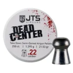 JTS .22 CAL 22GR SEMI-DOMED 250CT, round pellet tin and single silver pellet, front view
