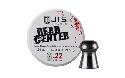 primary-14882 JTS .22 CAL 22GR SEMI-DOMED 250CT, round pellet tin and single silver pellet, front view
