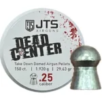 JTS .25 CAL 29GR DOMED 150CT, round pellet tin and single silver pellet, front view