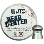 JTS .30 CAL 45GR DOMED 100CT, round pellet tin and single silver pellet, front view