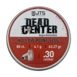 JTS DCP HP round red and white pellet tin, top view with Dead Center label and pellet graphic