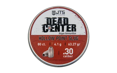 JTS DCP HP round red and white pellet tin, top view with Dead Center label and pellet graphic
